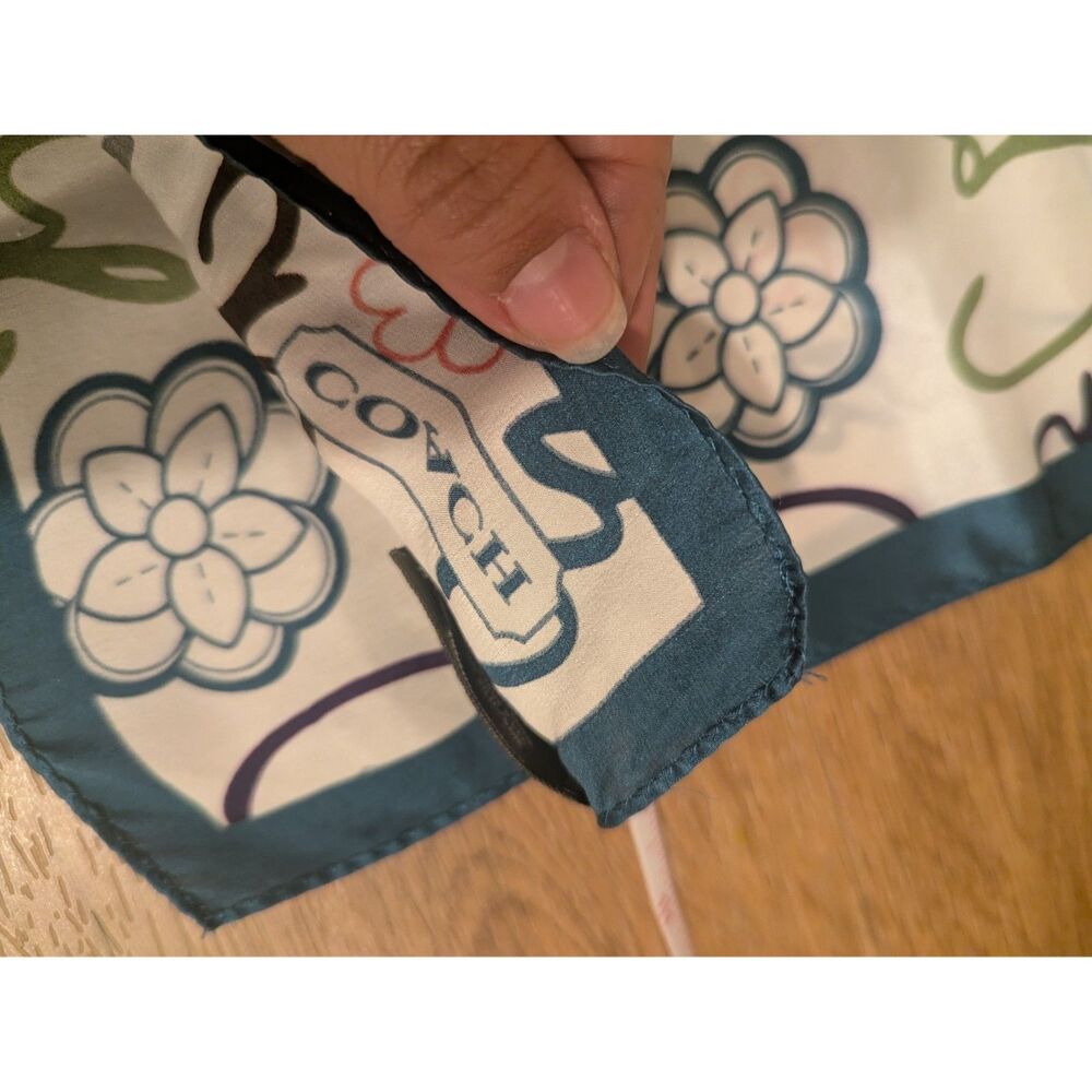 Coach Women's 100% Silk Scarf Floral Script Logo Signature Teal Long Oblong 55" - Picture 8 of 9